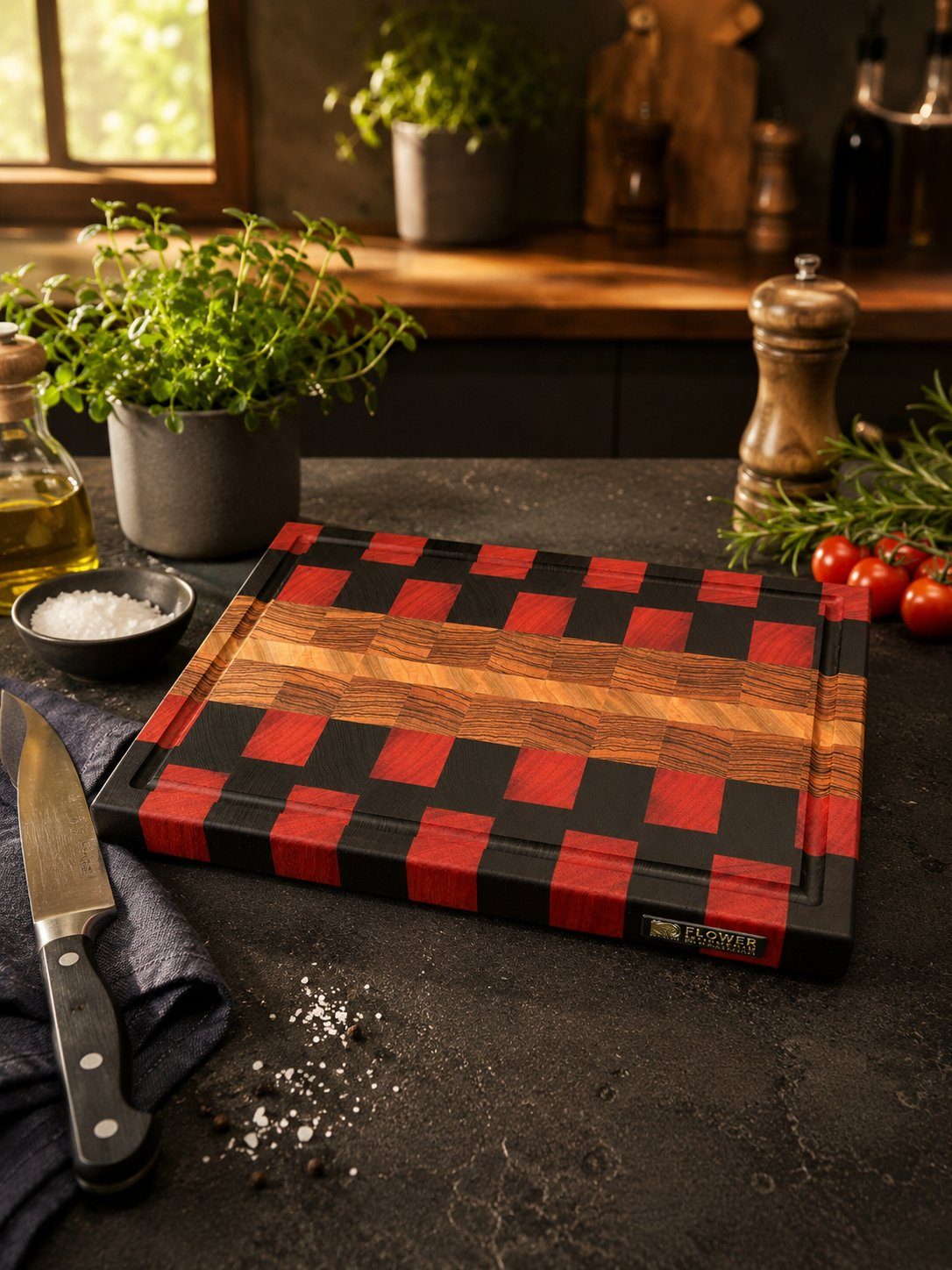 XXL-Schneideboard — Wenge · Padouk · Tulpenbaum · Zebrano